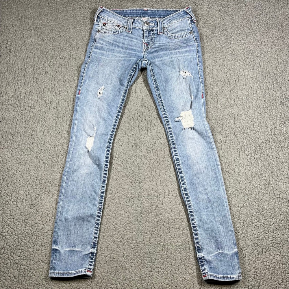 True Religion Skinny Nat Big T Distressed Jeans Ruby Red BT Light Wash Size 27